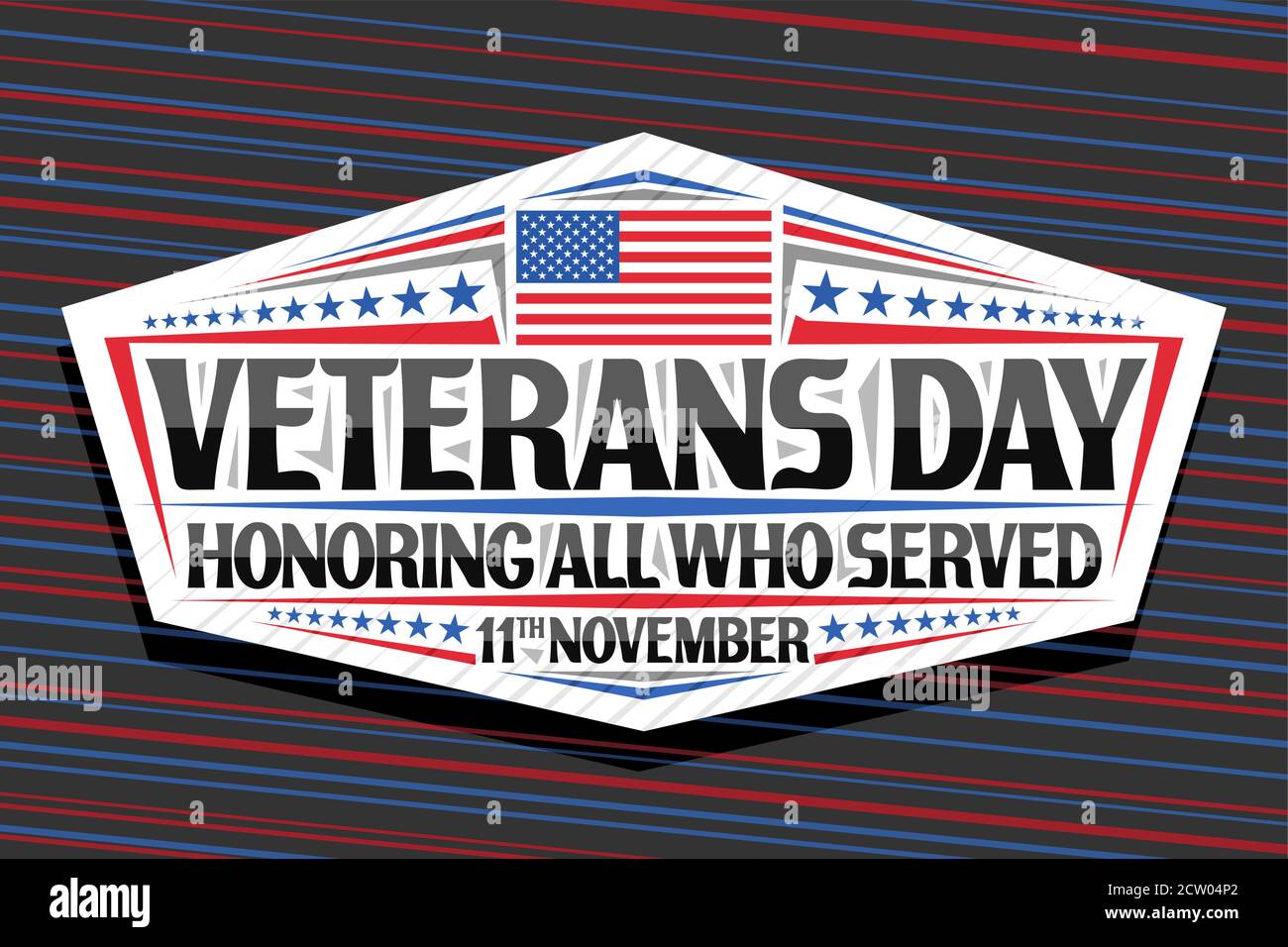 Logo Vector pour la fête des anciens combattants, signe décoratif blanc avec illustration du drapeau national rayé rouge et bleu des États-Unis et lettrage unique pour les mots vete Illustration de Vecteur