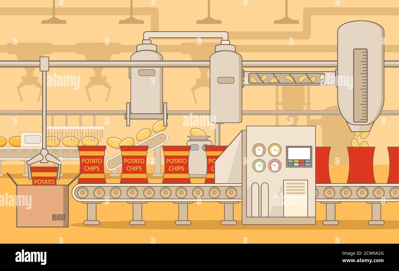 Croustilles transporteuses. Vecteur plat. Usine industrielle. Illustration de Vecteur