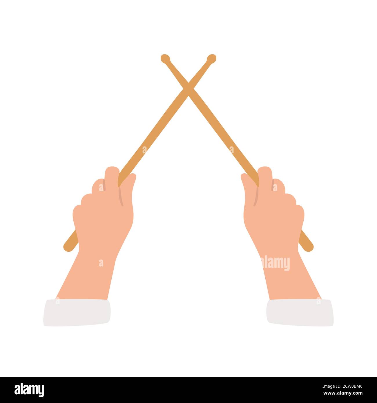 Main tenant le bras de tambour. Pilons de bois croisés. Isolé sur fond blanc. Vue de dessus. Illustration vectorielle Illustration de Vecteur