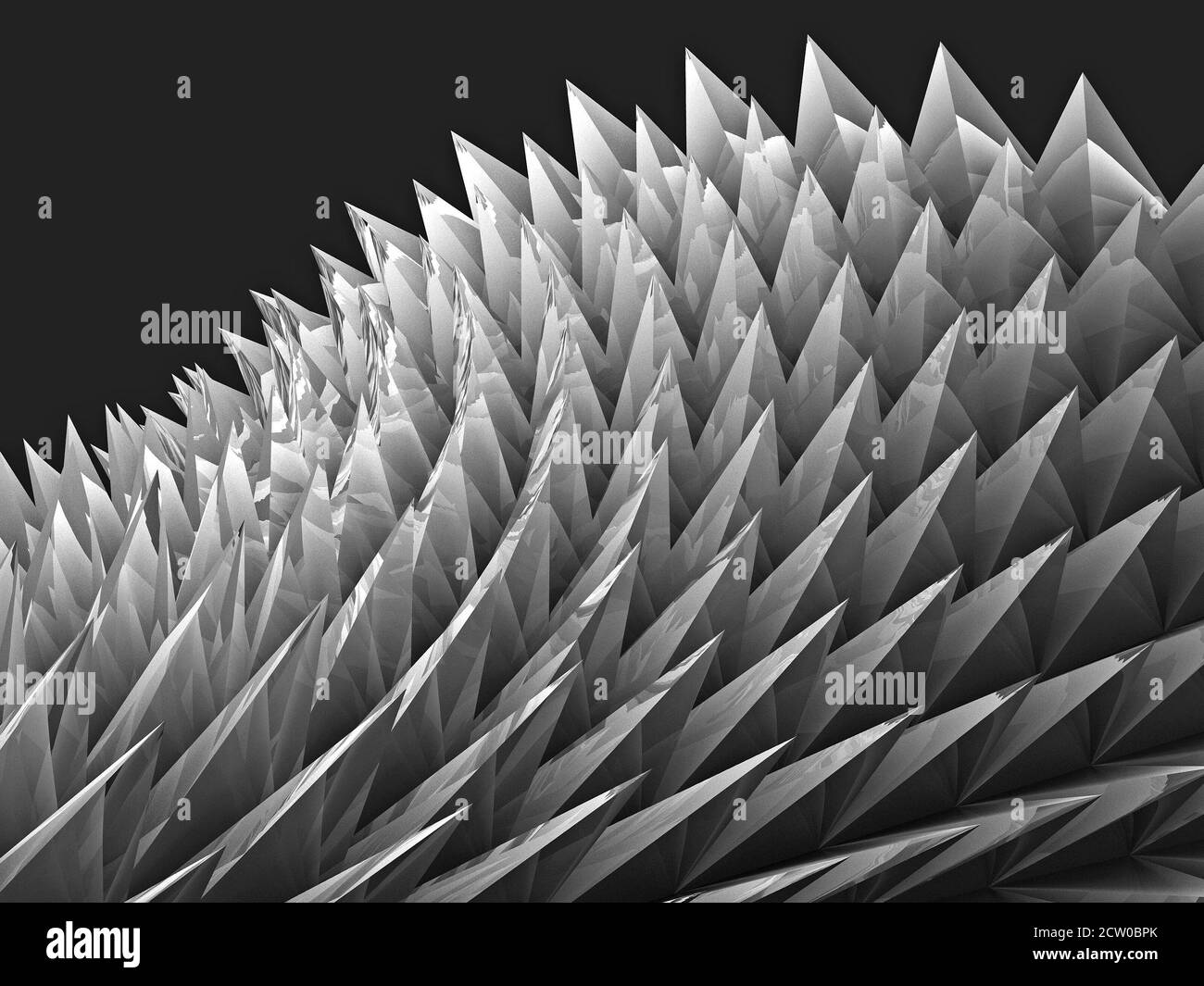 Rendu 3D abstrait d'onde de forme libre avec une pyramide vive épines blanches brillantes et réfléchissantes sur fond noir Banque D'Images