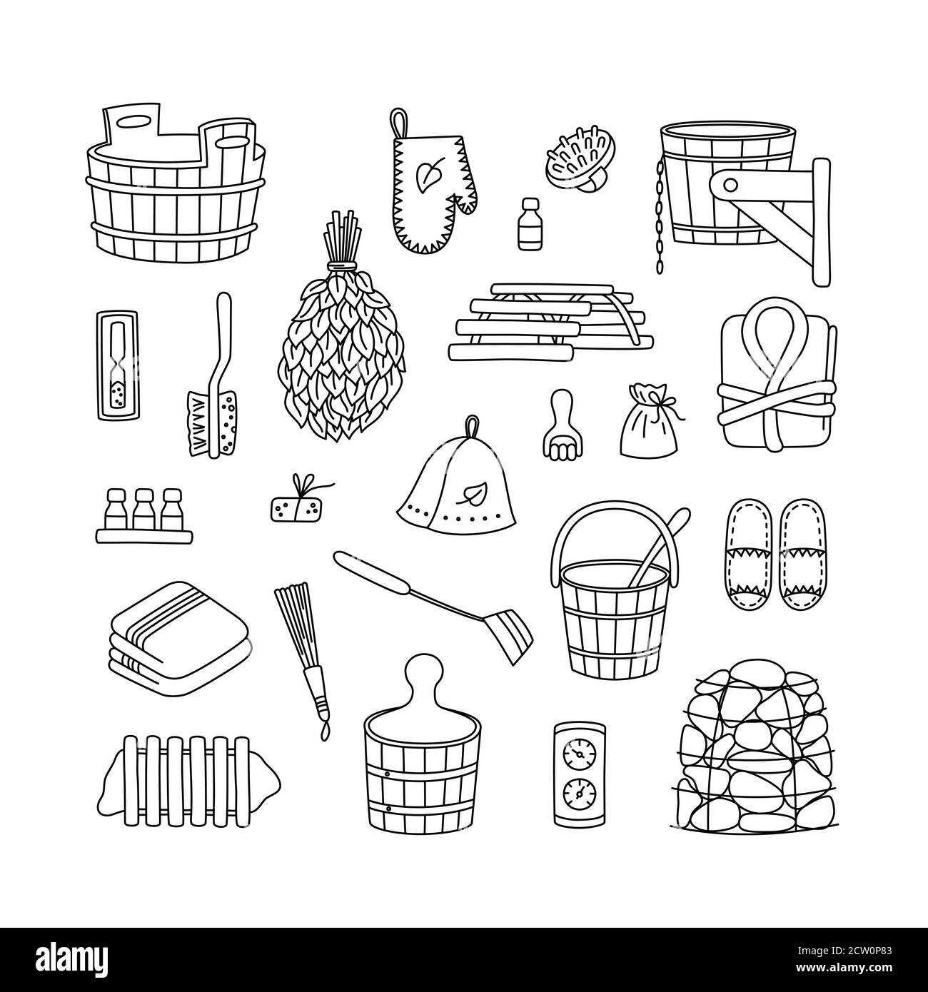 Accessoires de sauna - lave-linge, balai, baignoire, seau, serviette et autre. Accessoires de bain en bois. Illustration de Vecteur