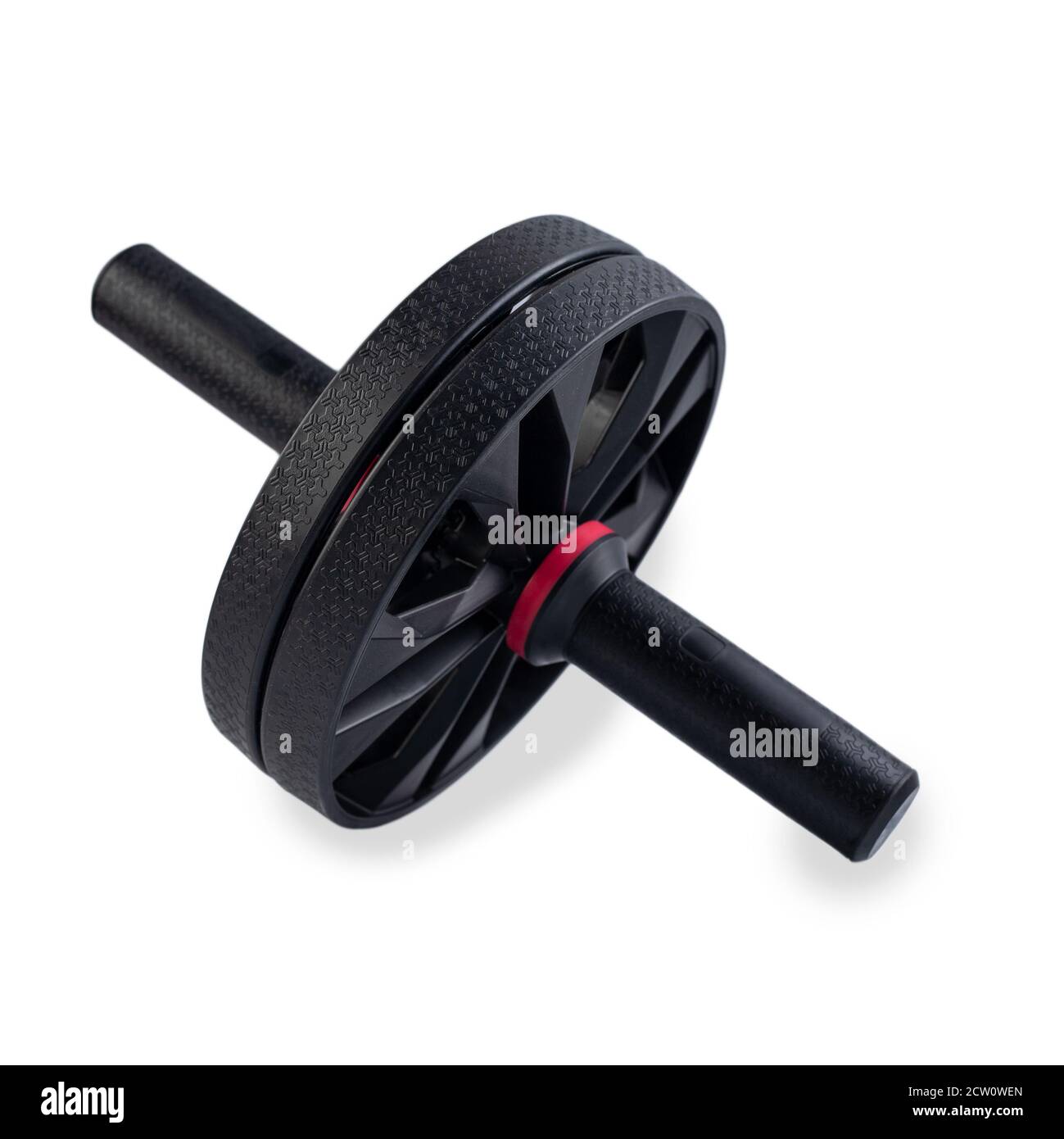 AB Roller isolé sur fond blanc. Double rouleau AB en plastique noir. ABS exercice de déploiement roue de forme physique entraînement de base roues d'entraînement. Collap Banque D'Images