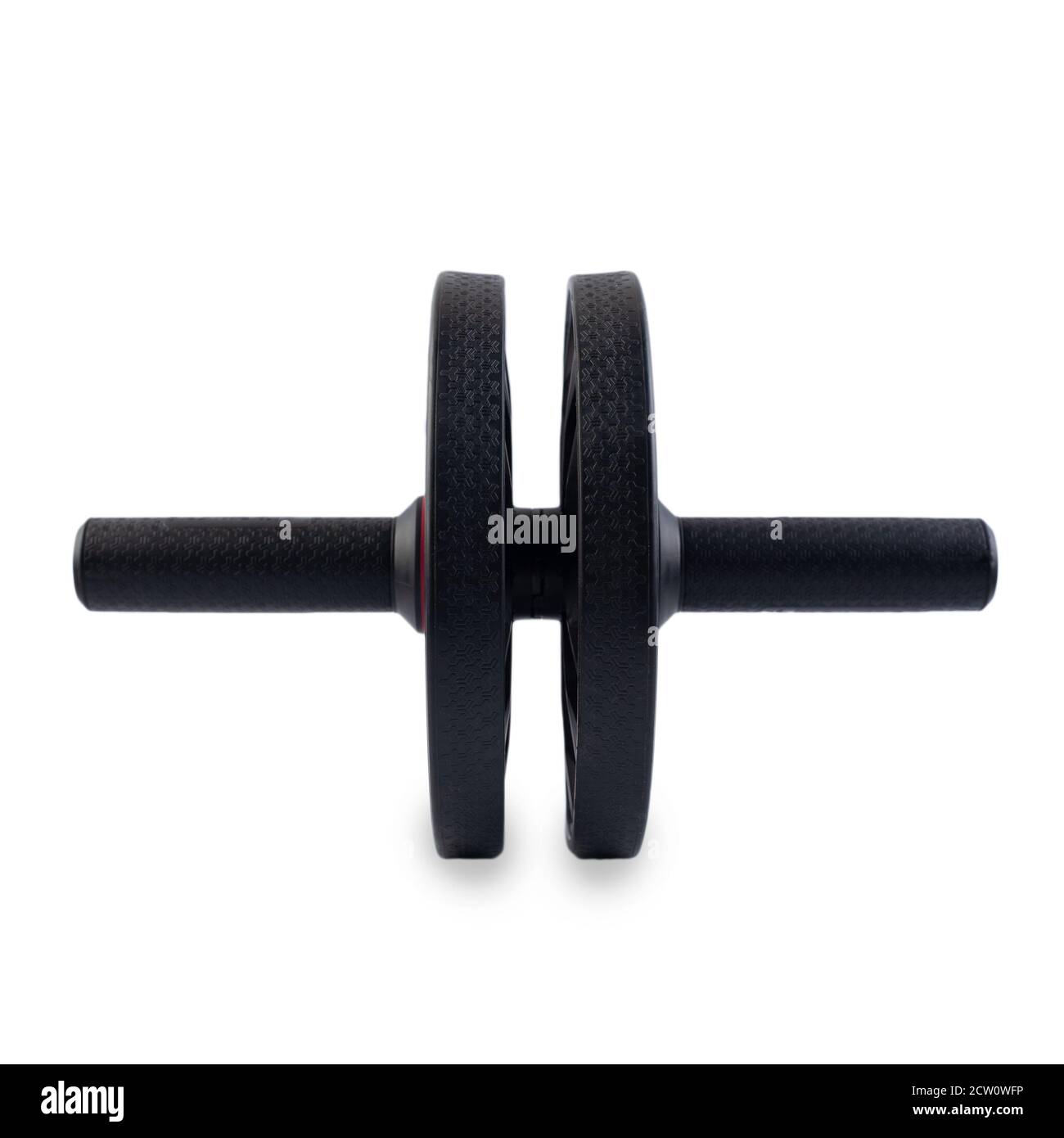 AB Roller isolé sur fond blanc. Double rouleau AB en plastique noir. ABS exercice de déploiement roue de forme physique entraînement de base roues d'entraînement. Collap Banque D'Images