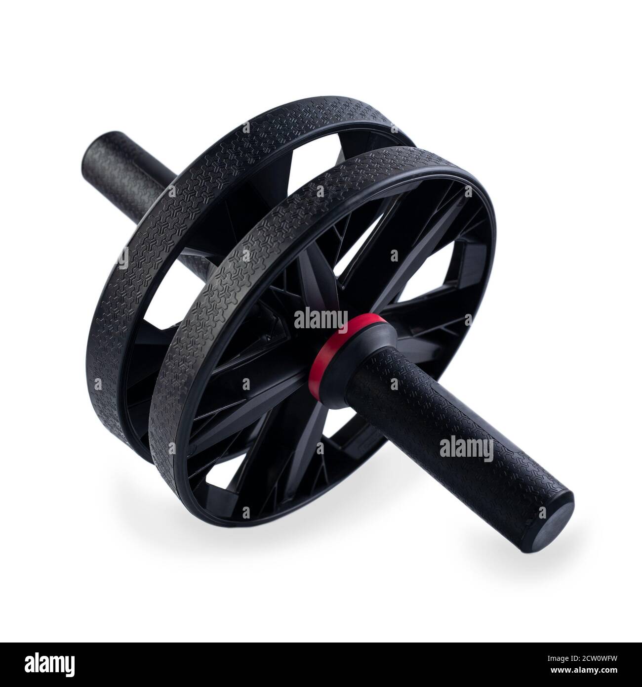 AB Roller isolé sur fond blanc. Double rouleau AB en plastique noir. ABS exercice de déploiement roue de forme physique entraînement de base roues d'entraînement. Collap Banque D'Images