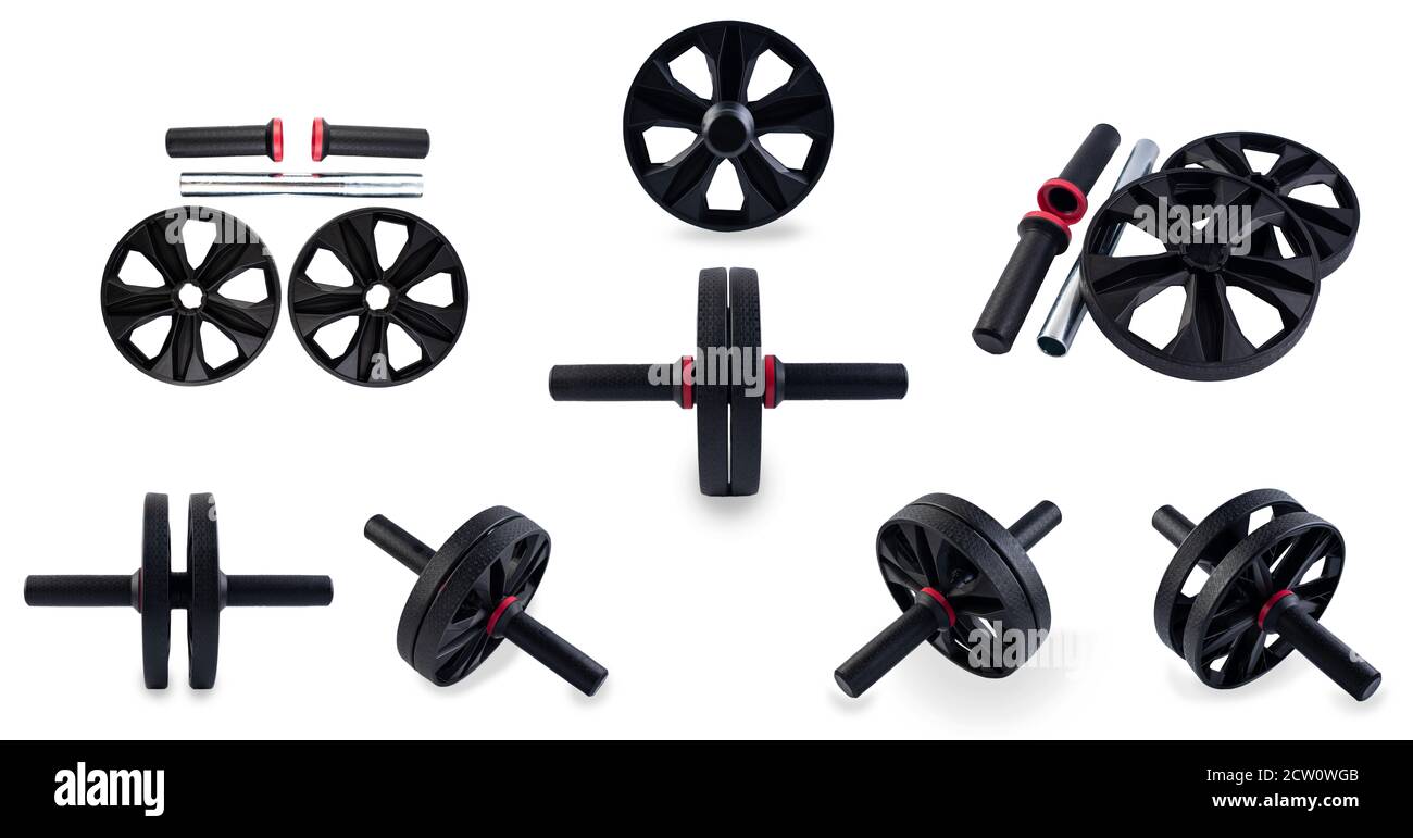 AB Roller isolé sur fond blanc. Double rouleau AB en plastique noir. ABS exercice de déploiement roue de forme physique entraînement de base roues d'entraînement. Collap Banque D'Images