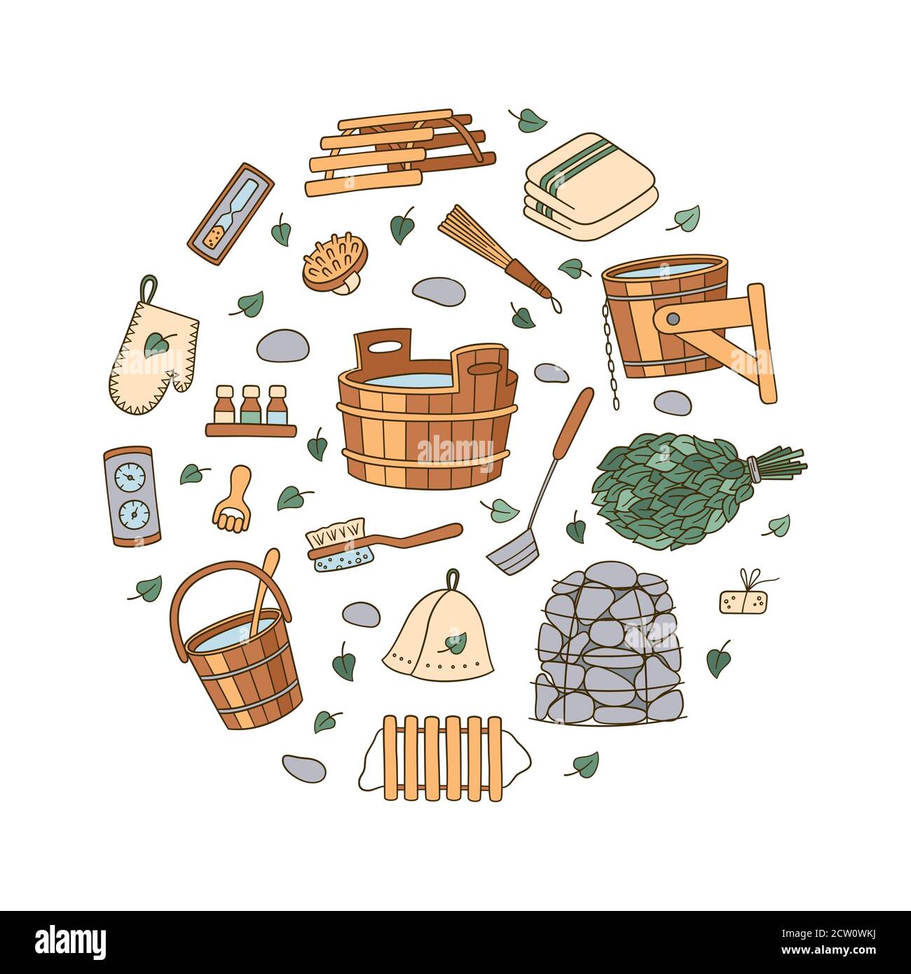 Ensemble d'accessoires de bain et de sauna dessinés à la main. Bain et balai de bouleau, support pour pot et chapeau, thermomètre, masseur et autre. Illustration vectorielle Illustration de Vecteur