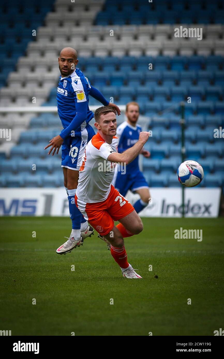 GILLINGHAM, ANGLETERRE. 26 SEPT Jordan Graham de Gillingham regarde le match de la Sky Bet League 1 entre Gillingham et Blackpool au MEMS Priestfield Stadium, à Gillingham, le samedi 26 septembre 2020. (Credit: Tom West | MI News) Credit: MI News & Sport /Alay Live News Banque D'Images