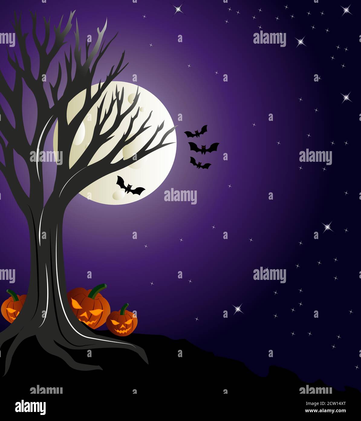 Scène effrayante de la nuit d'halloween dans laquelle les laterns de citrouille se cachent derrière un arbre sous ciel clair avec pleine lune et étoiles. Illustration de Vecteur