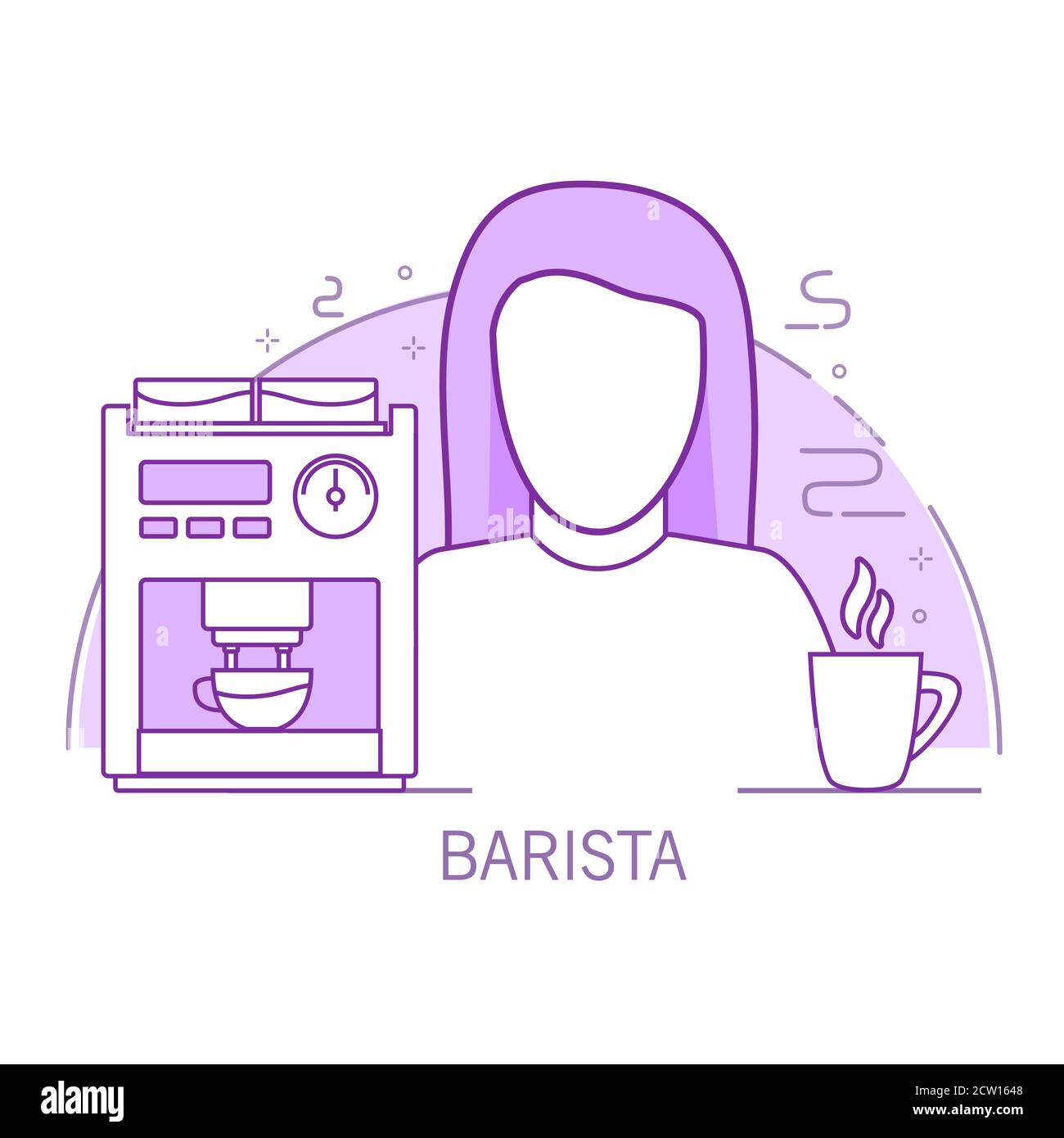 Barista girl présente un personnage de dessin animé avec une cafetière et une tasse de café en papier. Illustration de Vecteur