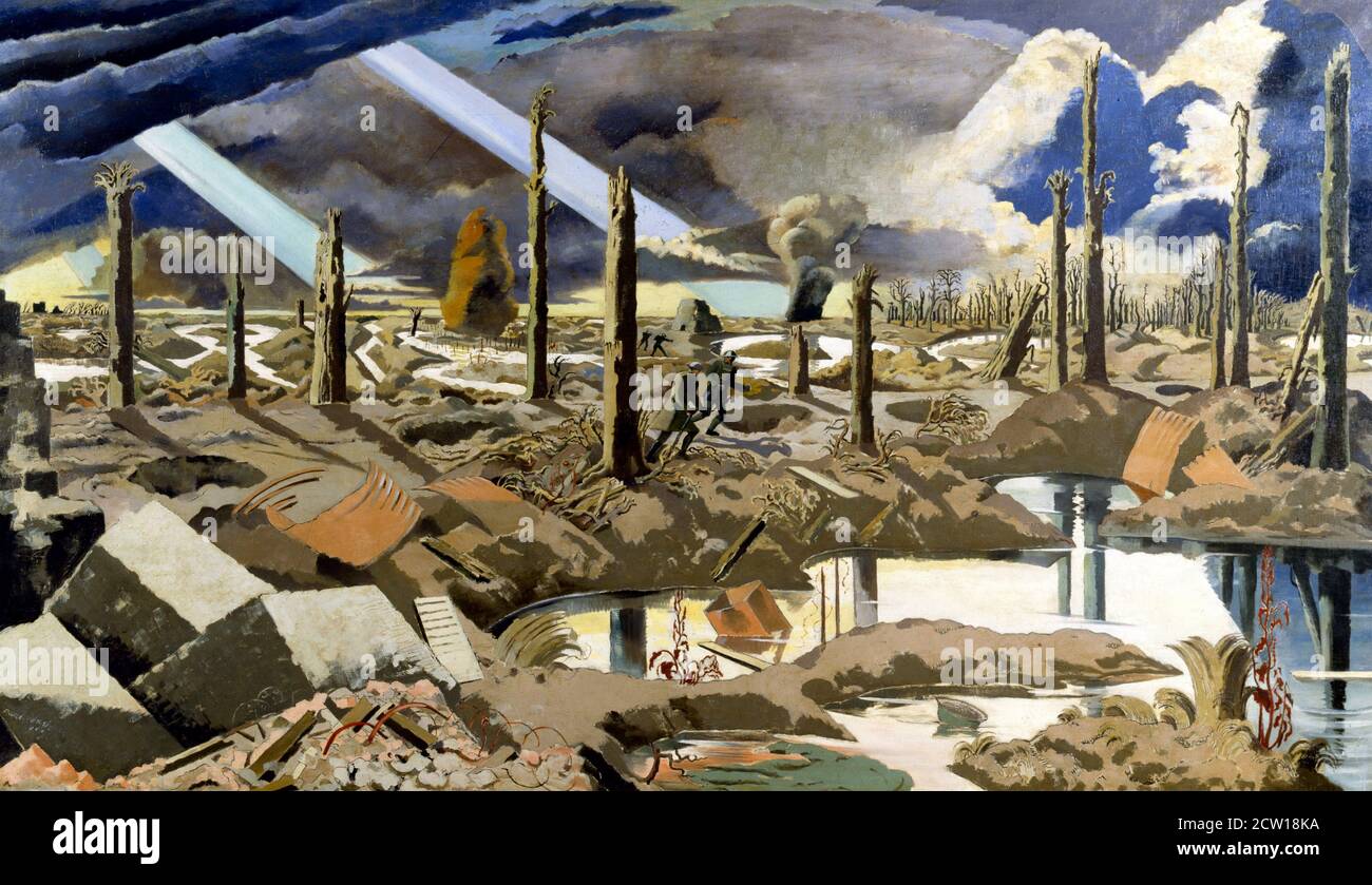 Paul Nash, artiste de guerre britannique. Peinture intitulée bataille de la crête de la route Menin par Paul Nash (1889-1946), huile sur toile, 1919 Banque D'Images