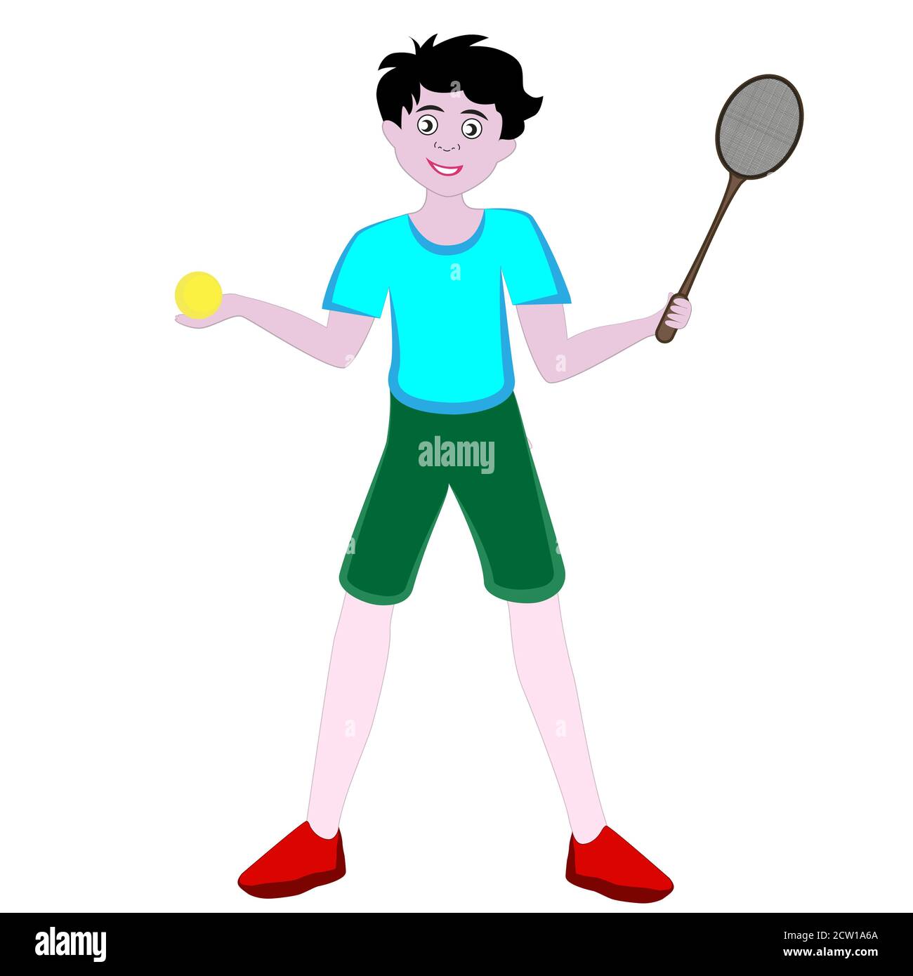 Jeune homme souriant tenant une balle de tennis et raquette dans ses mains isolé fond blanc. Illustration de Vecteur