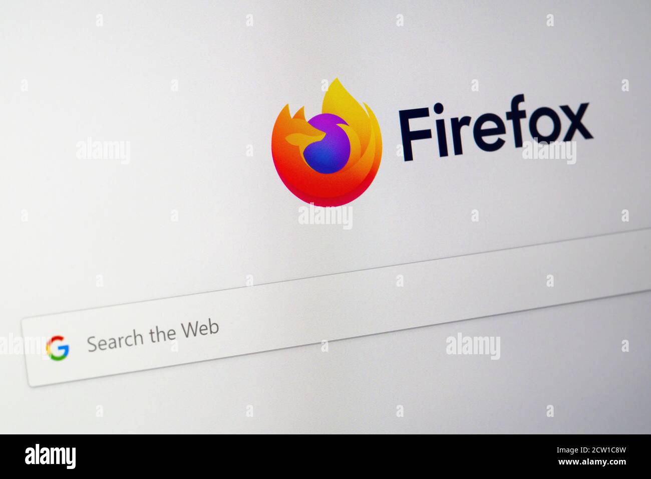 Un gros plan sur un écran d'ordinateur affichant le logo et le mot du navigateur Internet Firefox, ainsi que le logo Google et la barre de recherche Banque D'Images