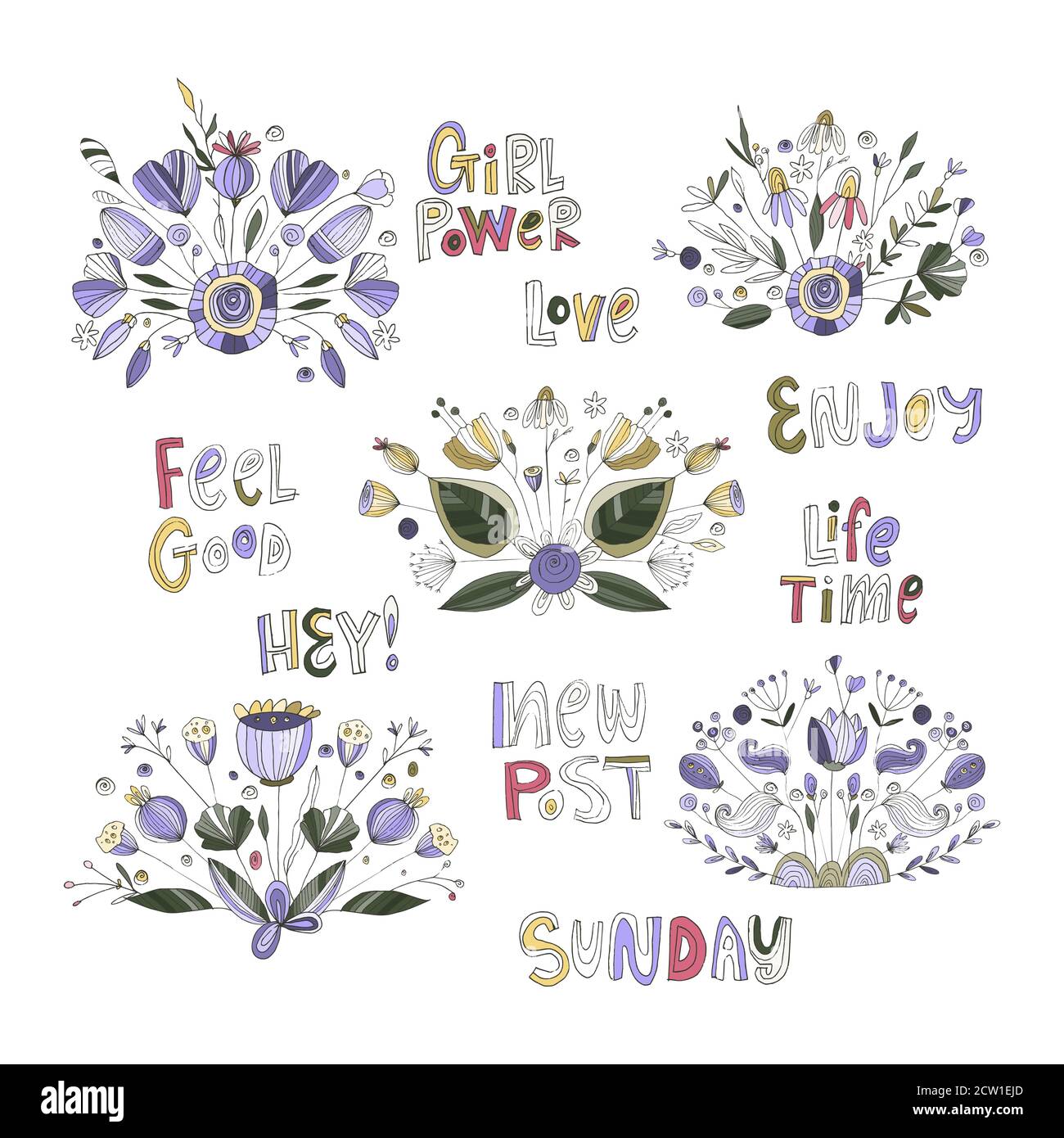 Ensemble De Fleurs Avec Texte Et Imprime A La Main Belle Collection De Bouquet D Ete Citation Inspirante Pour Femme Cadeau Pour Femme Illustration Du Vecteur De Fleur Profitez Puissance De Fille Amour