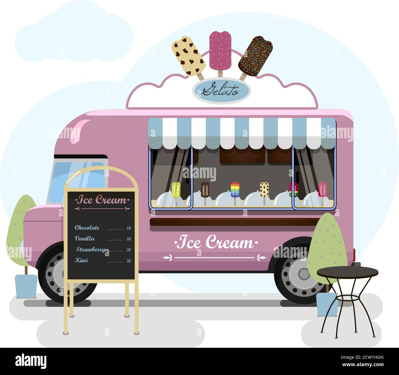 Illustration, Camion De Crème Glacée Et Chauffeur Avec Haut