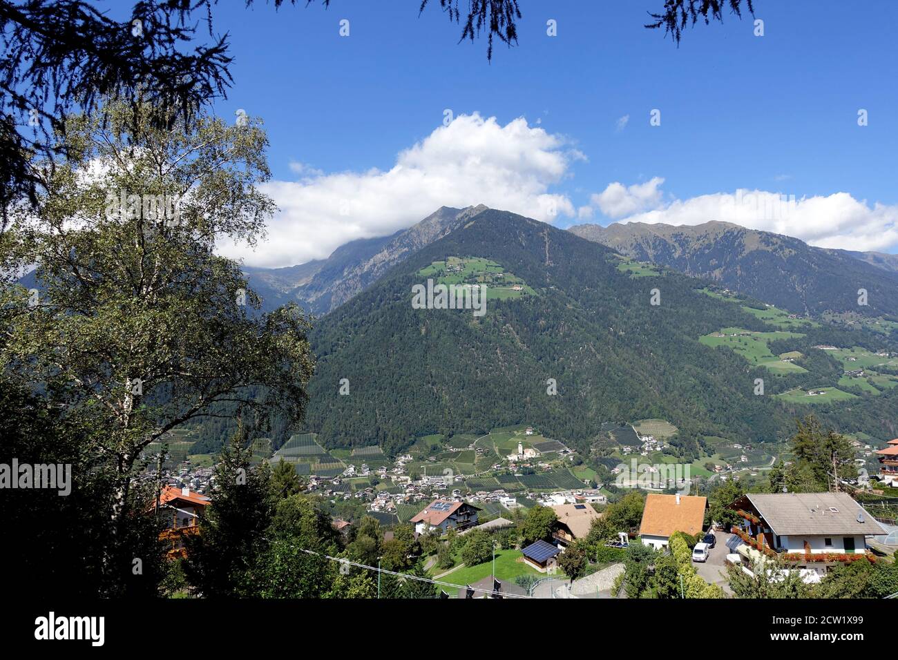 Blick vom Schenner Waalweg über das Passeier Tal auf Riffian und die Berge der Texel-Gruppe,Schenna,Südtirol, Italien Banque D'Images