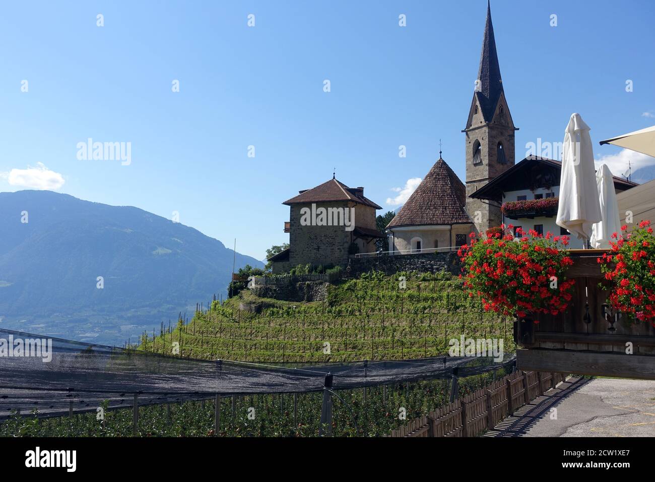 Blick vom Schenner Waalweg auf St. Georgen mit der gleichnamigen romanischen Rundkirche, im hintergrund Berge der Texel-Gruppe, Schenna, Südtirol, ITA Banque D'Images