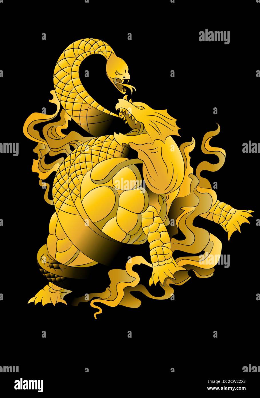 illustration d'un dragon de tortue d'or oriental mystique bête volant sur fond noir Banque D'Images