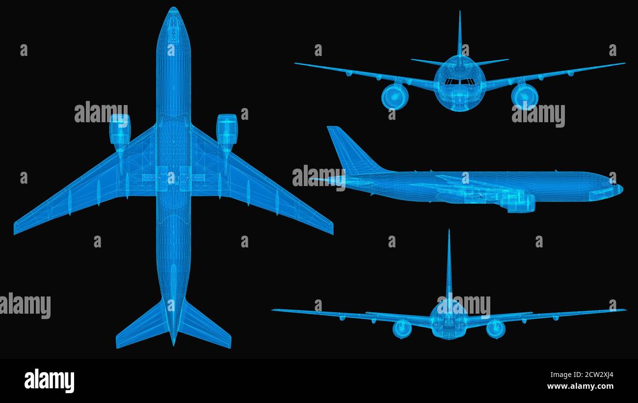 Plan 3d filaire avec de fines lignes bleues. Hologramme futuriste de l'aviation sur fond noir. illustration 3d Banque D'Images
