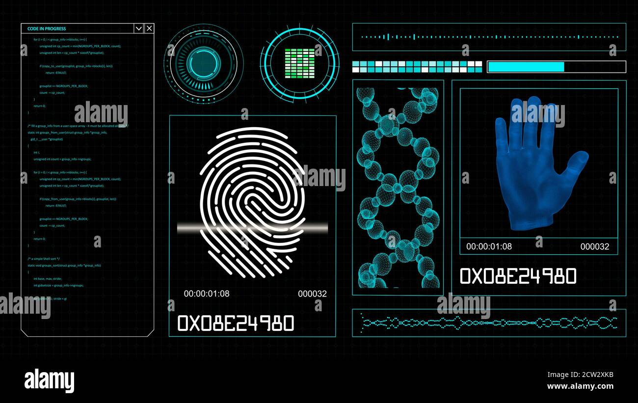 Éléments HUD futuristes sur un écran d'ordinateur avec balayage humain, structure moléculaire et empreintes digitales sur un écran. Illustration haute technologie Banque D'Images