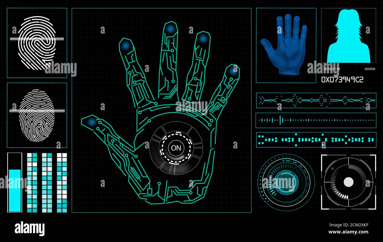 Éléments HUD sur un écran d'ordinateur avec balayage manuel et empreintes digitales sur un écran. Illustration haute technologie Banque D'Images