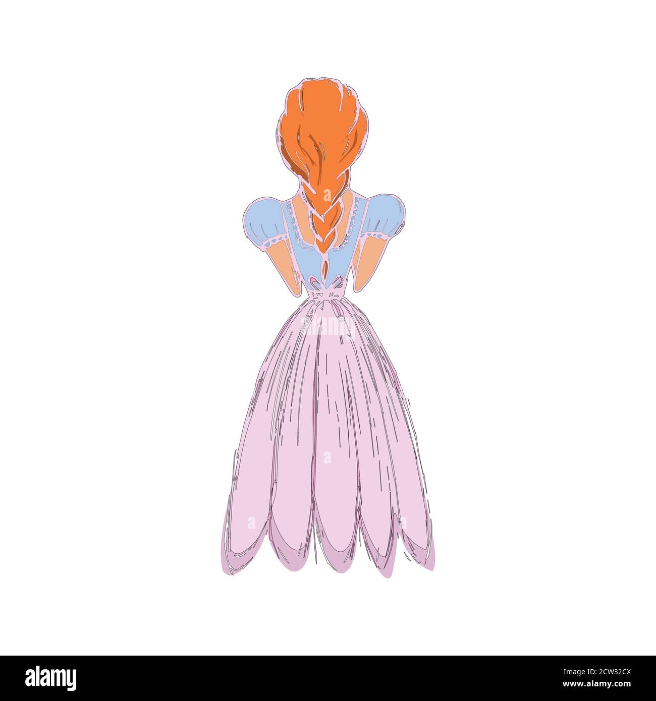 Main - illustration dessinée d'une femme dans une robe bleue et rose. Une belle fille douce est debout derrière dans une robe florale Illustration de Vecteur