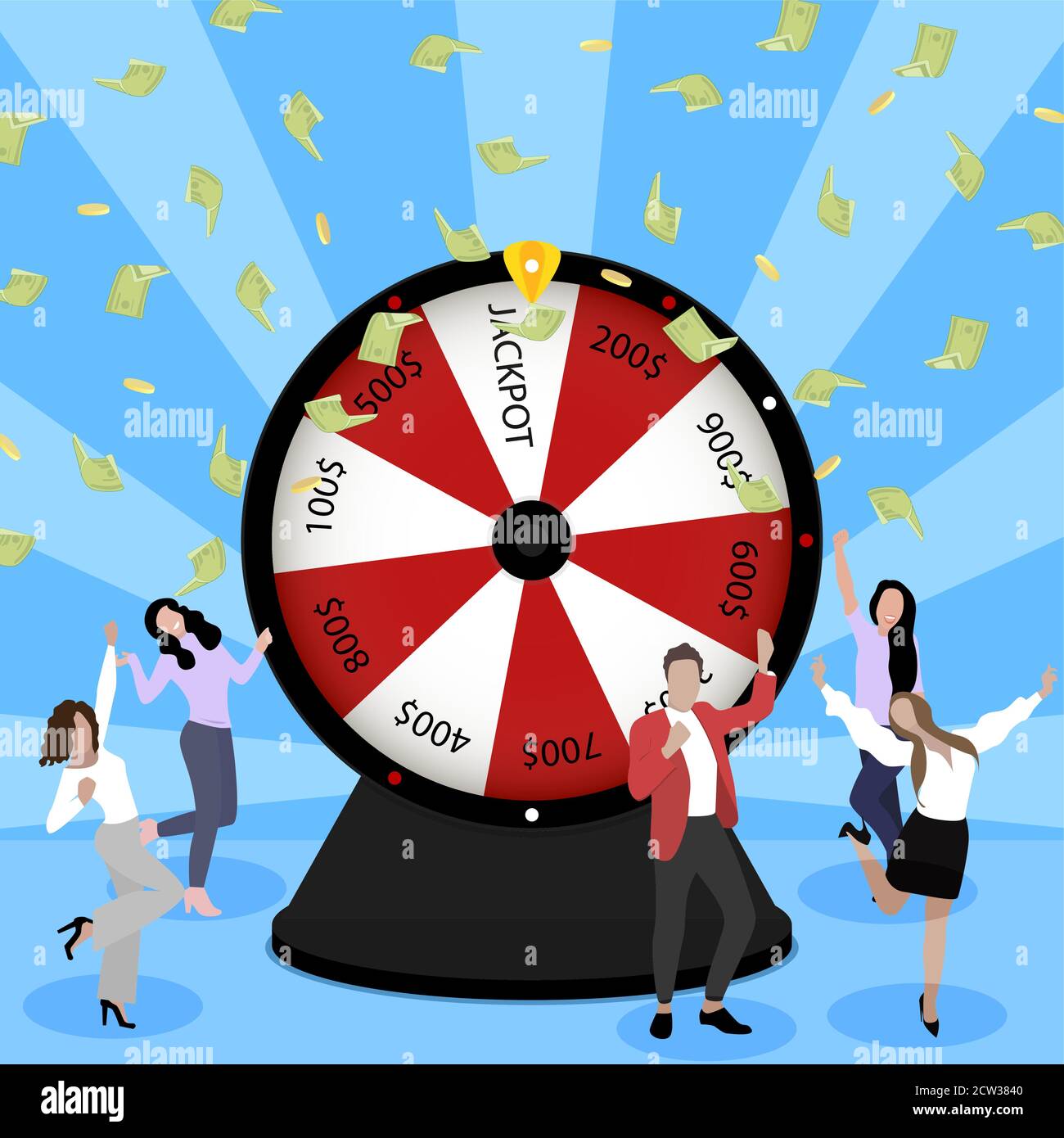 Roue de la fortune. Les gens qui apprécient de célébrer la victoire à la loterie. Les gagnants de la chance de vecteur gagnent dans le jeu de casino, le succès de jouer à la roulette et l'argent c Illustration de Vecteur