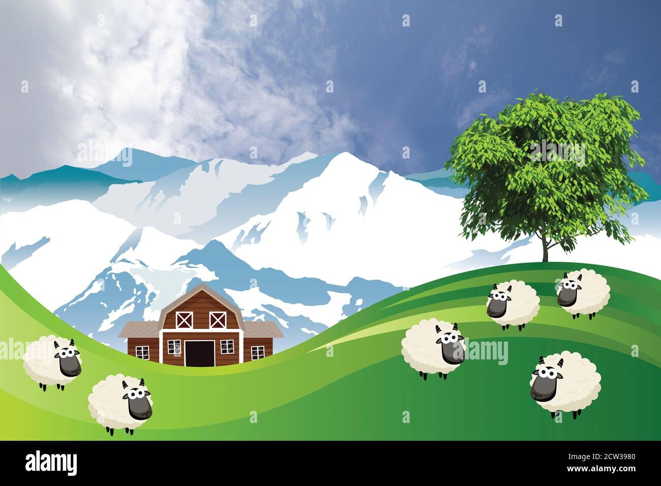 Scène rurale pittoresque avec un troupeau de moutons paître pâturages montagneux d'été dans les basses terres, au ciel bleu et nuageux Banque D'Images