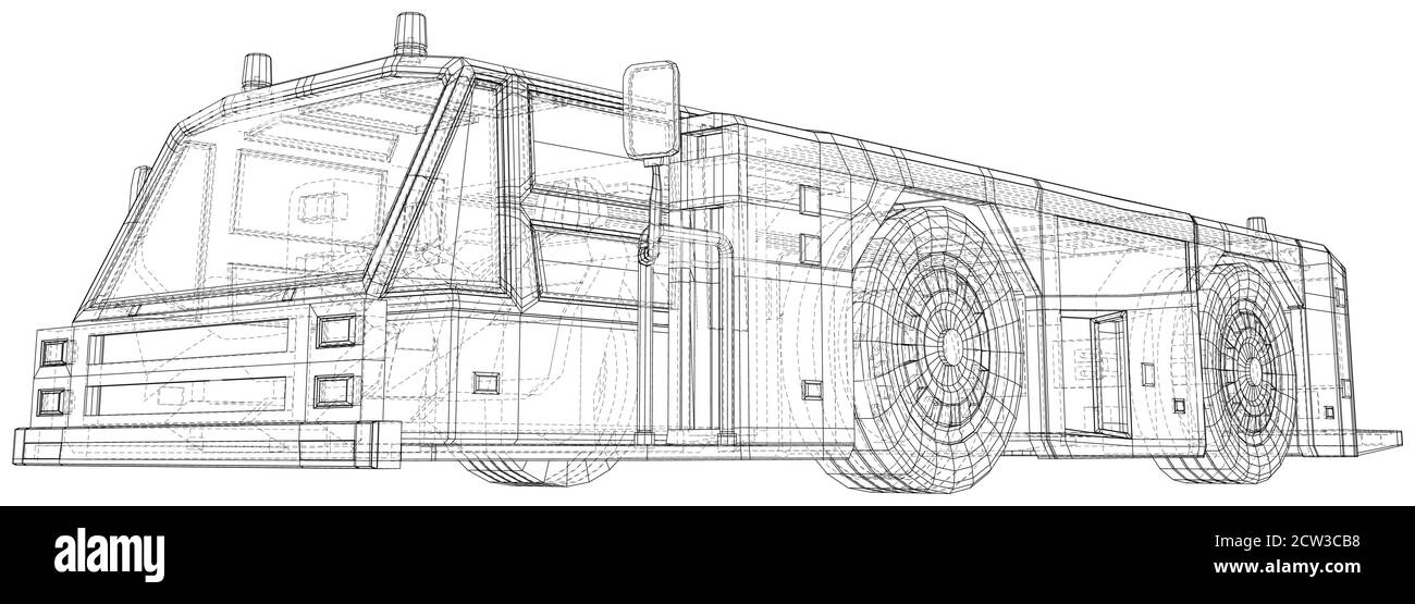 Transport par camion-dépanneur à l'aéroport. Ligne de cadre de fil isolée. Rendu vectoriel 3D. Illustration de Vecteur