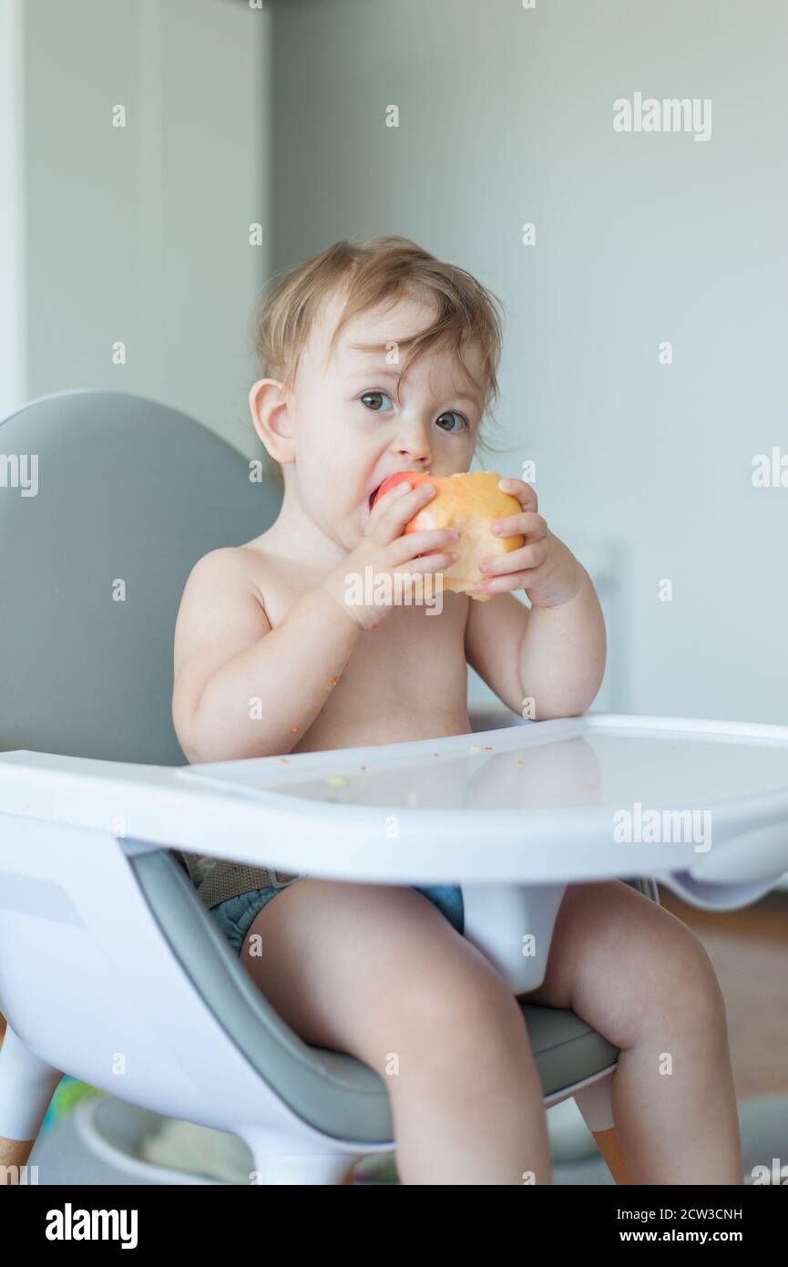 Bébé mangeant une pomme assis sur une chaise haute Banque D'Images