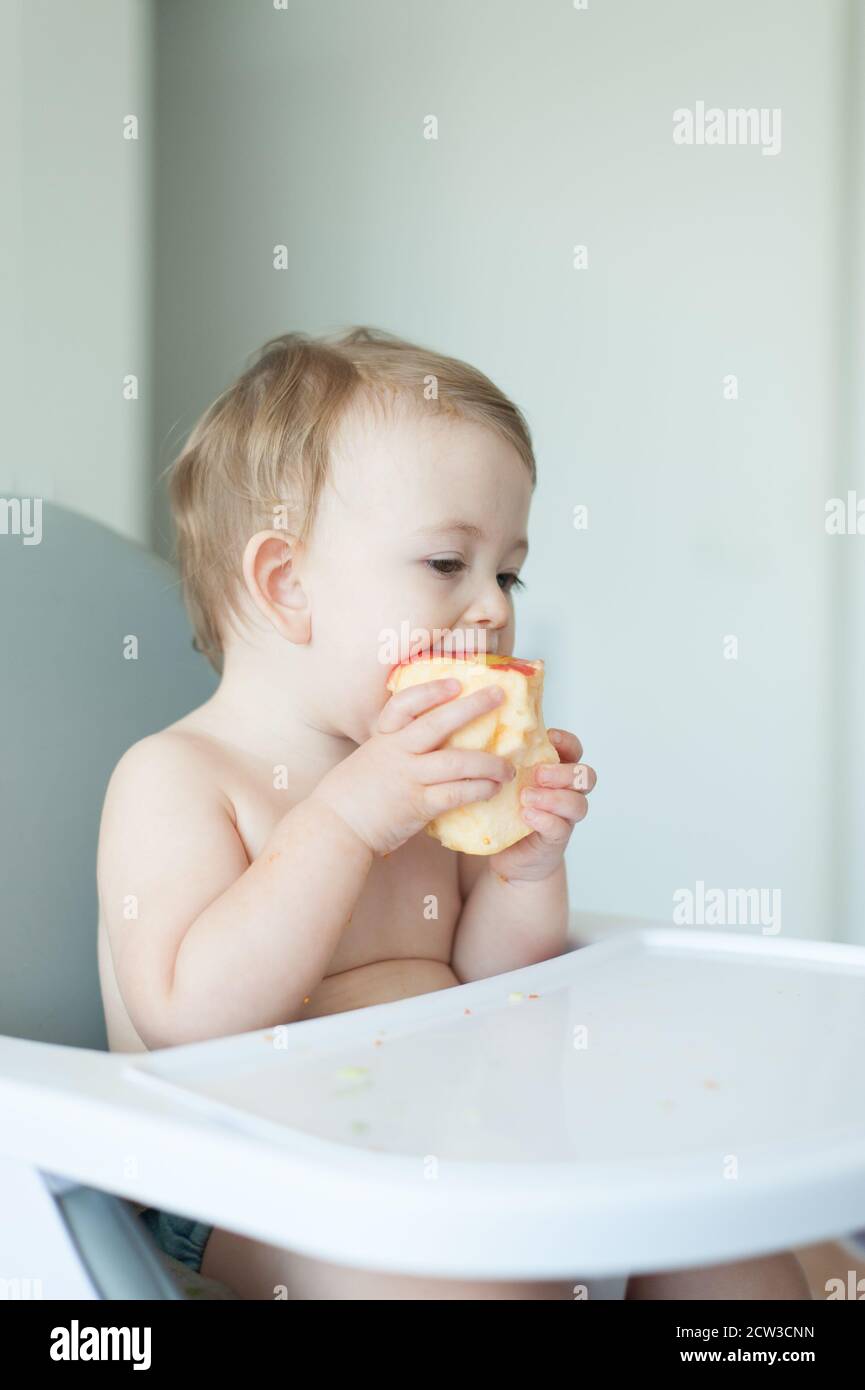 Bébé mangeant une pomme assis sur une chaise haute Banque D'Images