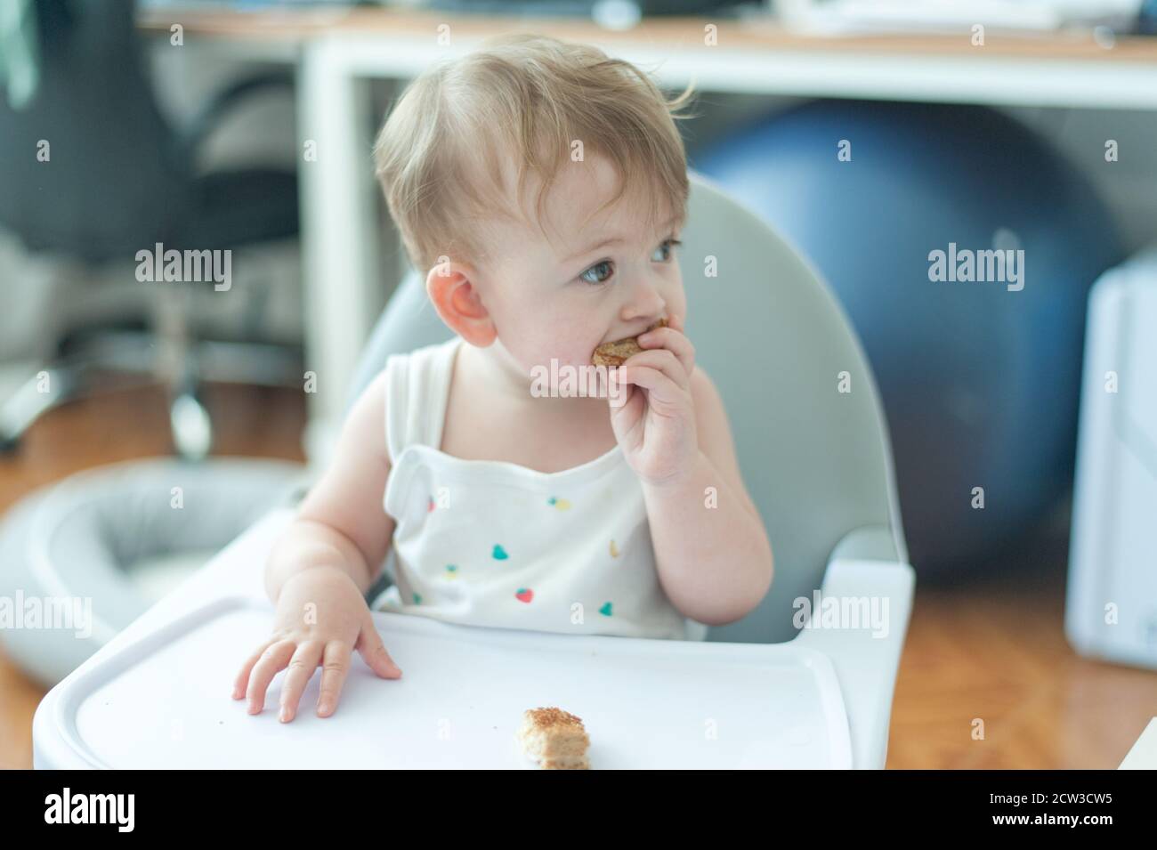 Bébé mangeant du pain assis sur une chaise haute Banque D'Images