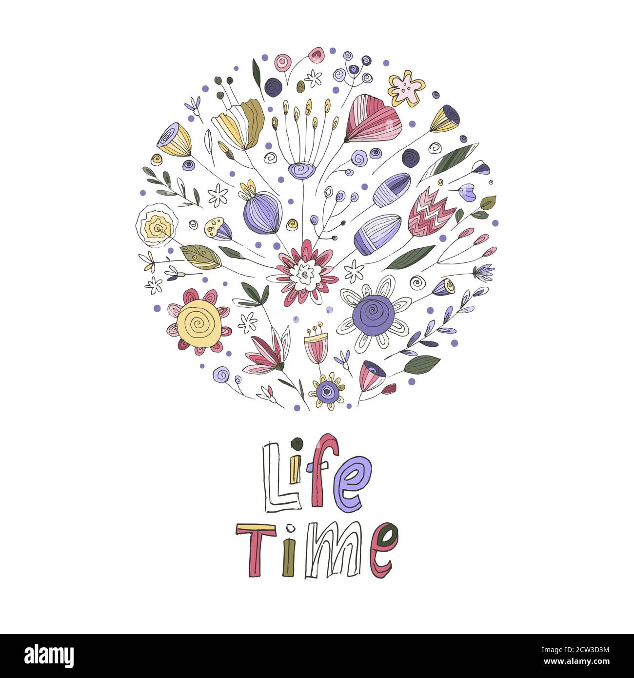 Durée de vie. Carte à motif de caniche avec lettres dessinées à la main et décoration florale. Bouquet floral composition estivale avec une phrase. Citation inspirante pour cadeau femme, femme. Illustration du vecteur de fleur. Illustration de Vecteur