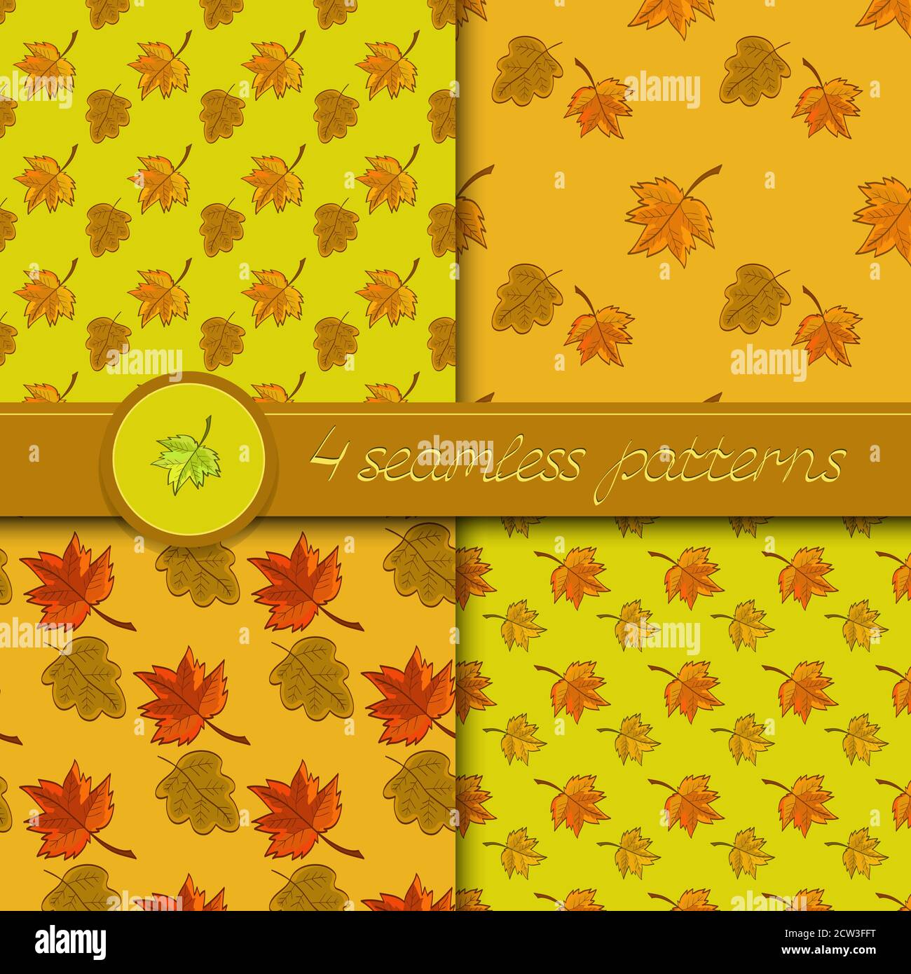 Ensemble vectoriel de quatre motifs sans couture avec feuilles d'automne colorées, dans des couleurs douces. Illustration de Vecteur