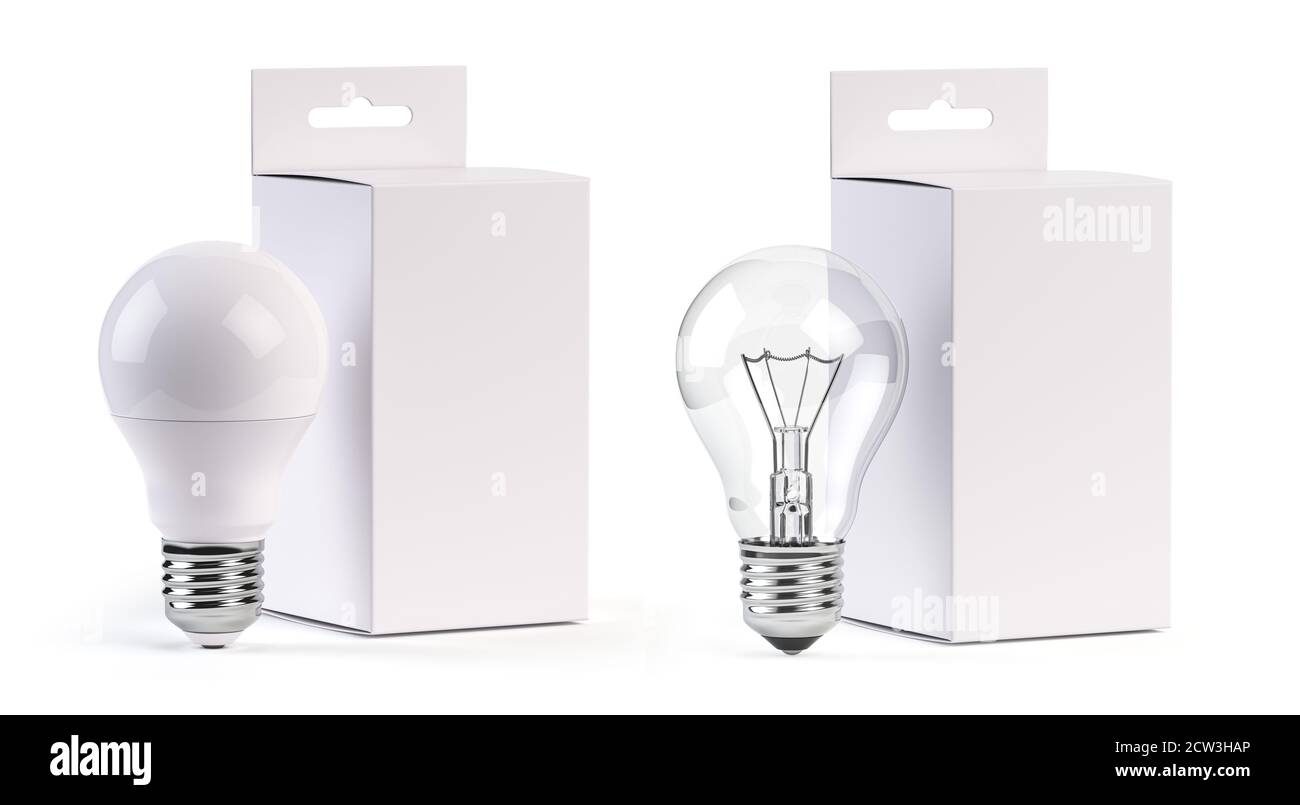 Ampoules électriques LED et incandescentes avec boîte en papier vierge isolée sur blanc. Créer une maquette d'illustration 3d Banque D'Images