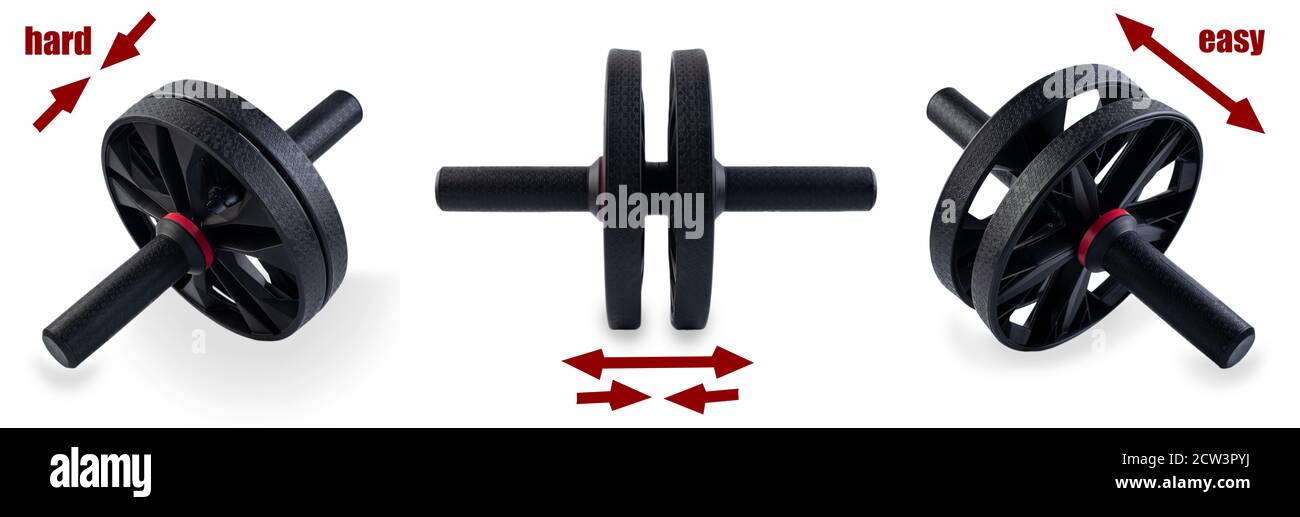 AB Roller avec double roue isolée sur fond blanc. Entraîneur de fitness pliable en plastique noir. Roues d'entraînement de formation. Rouleau ABS vers l'extérieur E Banque D'Images