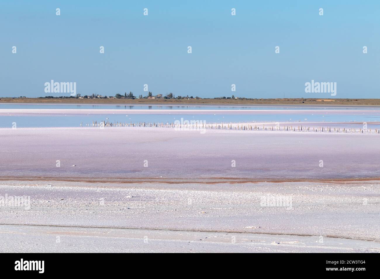 Surface du lac rose salé sous ciel bleu ensoleillé. Spa soins de santé procédures naturelles en Ukraine, Henichesk Banque D'Images