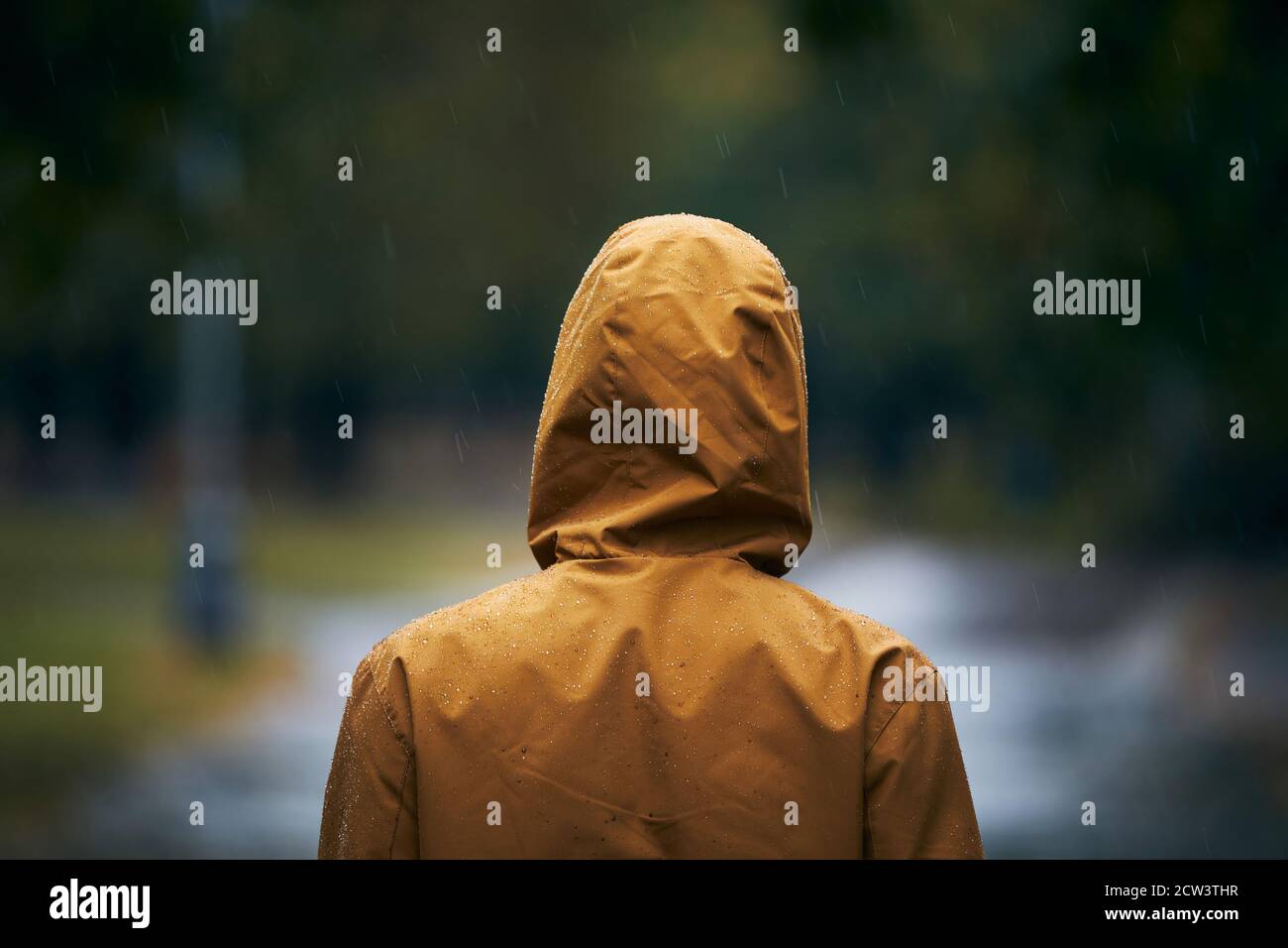 Forte pluie pendant la journée d'automne. Homme dans une veste imperméable. Banque D'Images