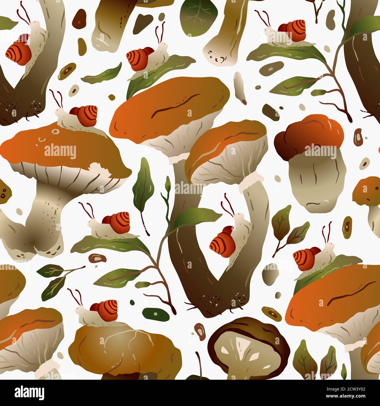 Motif vectoriel sans couture de champignons de la forêt d'automne. Boletus marron et escargot nature orné de dessin sur un fond blanc. Illustration de Vecteur