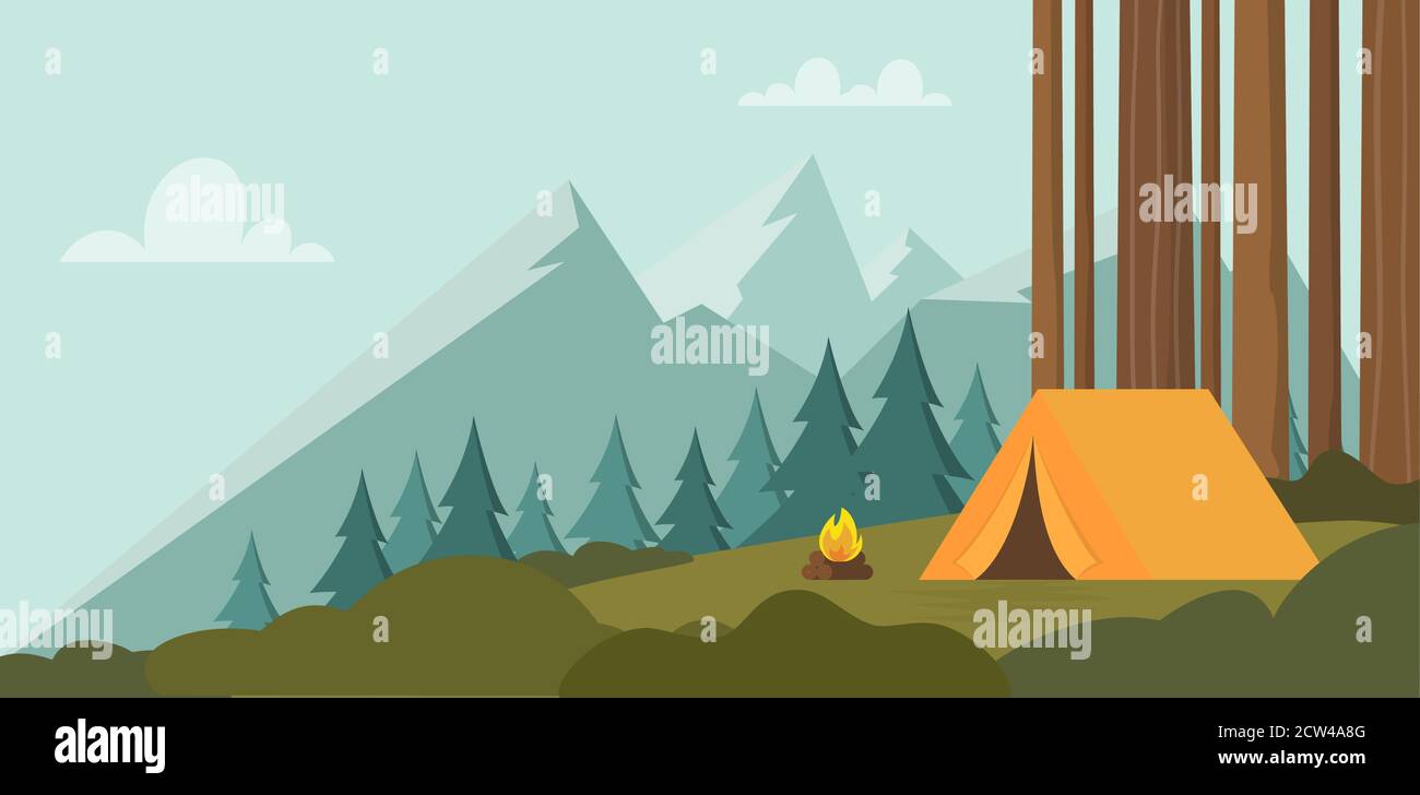 Paysage avec forêt camping contre les montagnes en arrière-plan. Tente orange en forêt. Bannière, affiche pour l'escalade, la randonnée, le sport de trakking, l'aventure Illustration de Vecteur