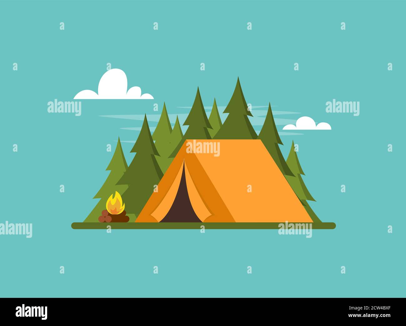 Tente orange en forêt. Tente, forêt et feu. Bannière, affiche pour l'escalade, la randonnée, le sport de trakking, le tourisme d'aventure, le voyage, le backpacking. Plat simple Illustration de Vecteur