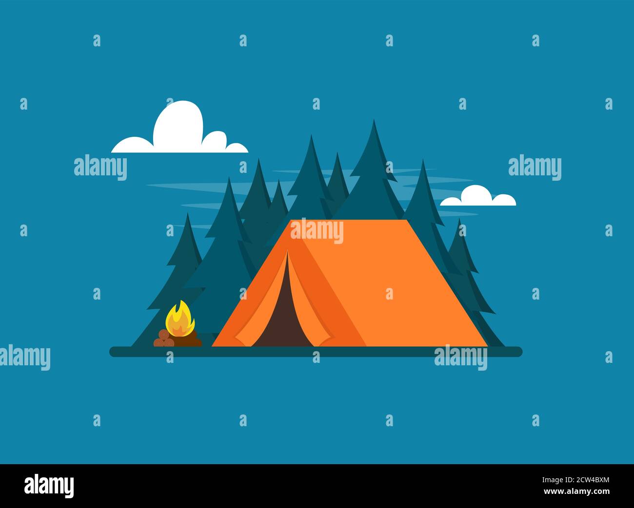 Tente orange en forêt. Tente, forêt et feu. Bannière, affiche pour l'escalade, la randonnée, le sport de trakking, le tourisme d'aventure, le voyage, le backpacking. Plat simple Illustration de Vecteur