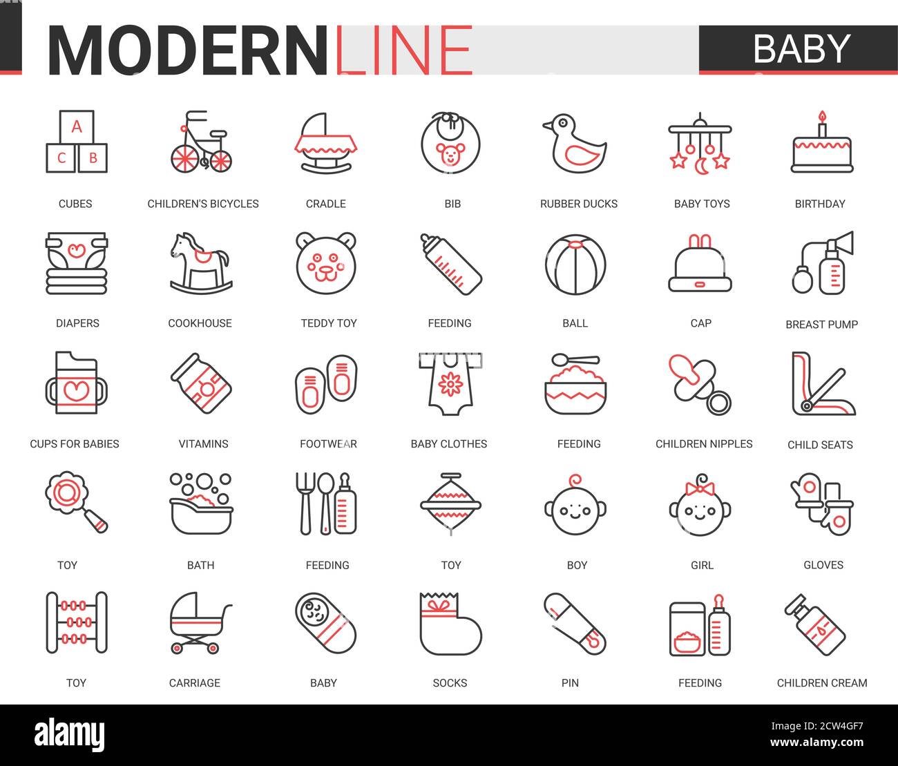 Ensemble D Illustrations Vectorielles Pour L Icone De Web Plat De Soins Pour Bebe Rouge Noir Ligne Fine Dessin Des Articles Symbole Pour Nouveau Ne Enfant Accessoires Pour Bebe Vetements Et Jouets Collection De Contour