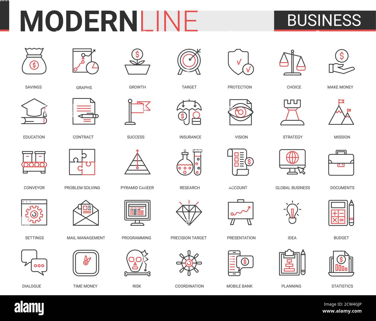 Jeu d'illustrations vectorielles d'icônes rouges fines et plates d'entreprise avec grandes lignes graphiques symboles de réussite stratégie d'entreprise pour la croissance des économies d'argent, la réussite de la planification budgétaire et du travail de bureau Illustration de Vecteur