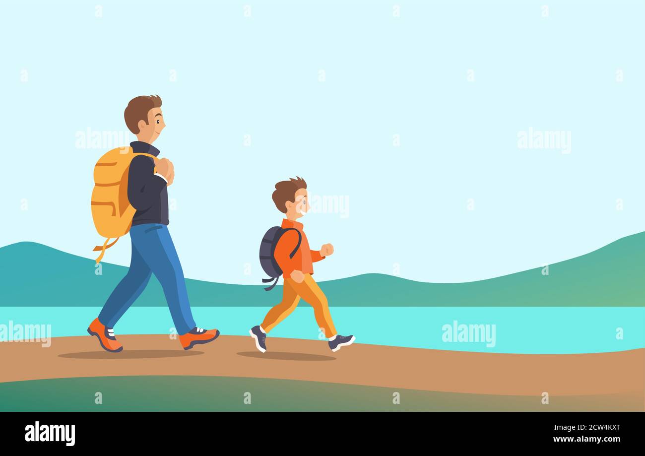 Père et fils voyagent dans la nature. Illustration de Vecteur