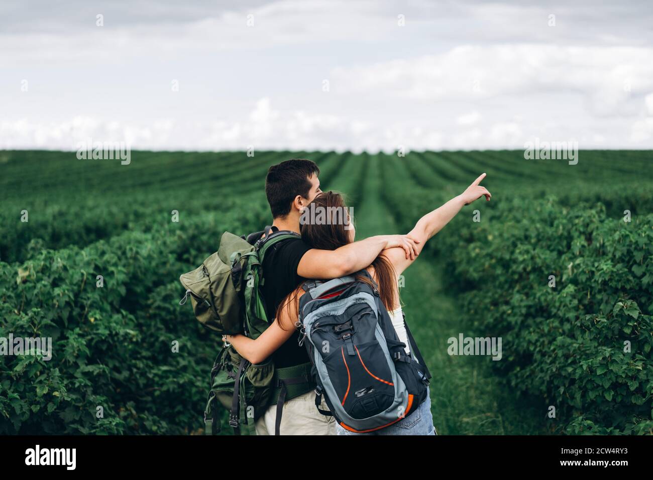 Vue arrière d'un jeune couple avec des sacs à dos sur les plantations de cassis. Une femme aux cheveux longs pointe sa main vers l'horizon. Banque D'Images