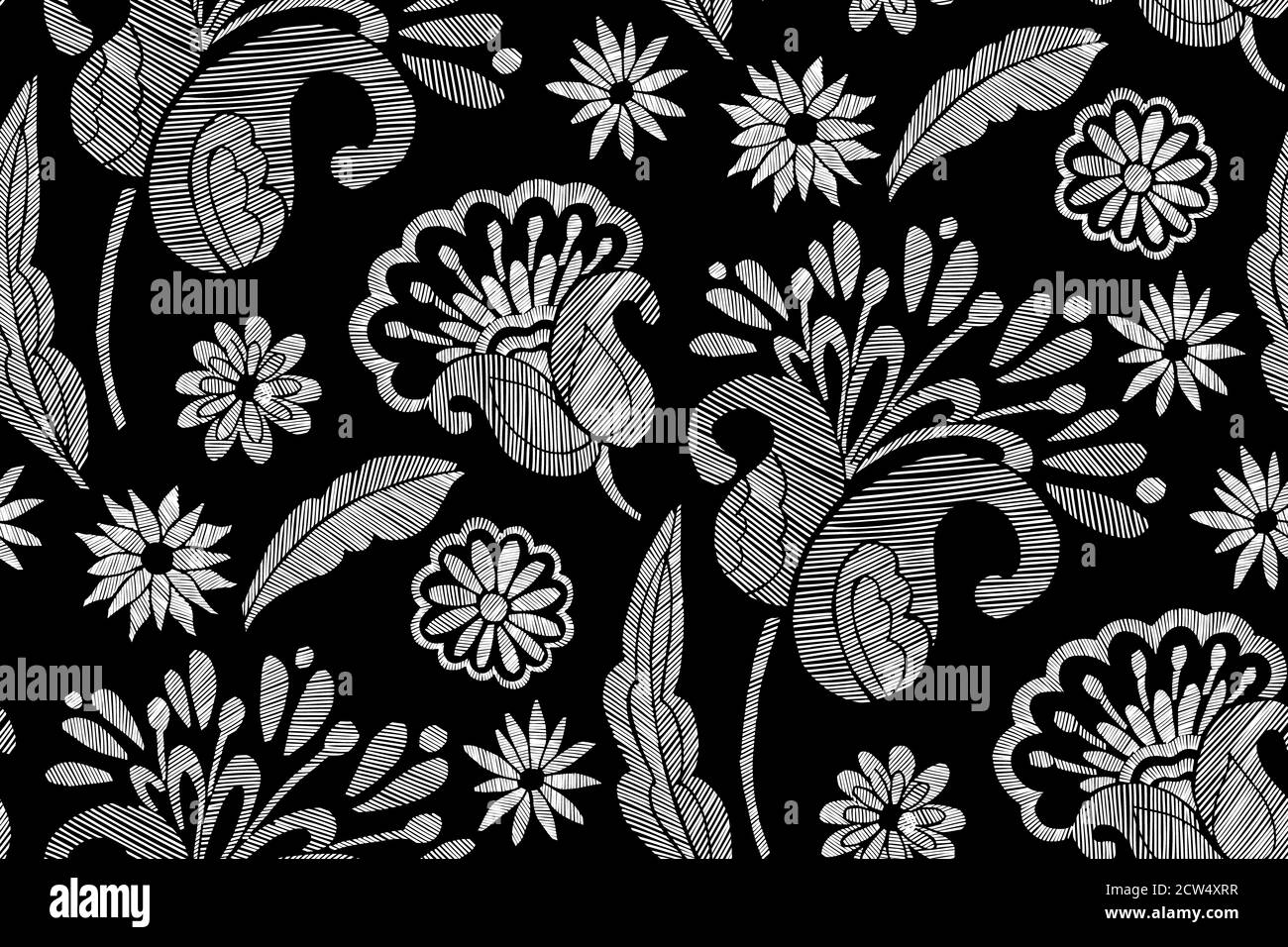 Motif floral sans couture avec fleurs sauvages et feuilles. Dessin aux lignes. Fleurs brodées. Illustration vectorielle. Design textile, papier peint, carte Banque D'Images