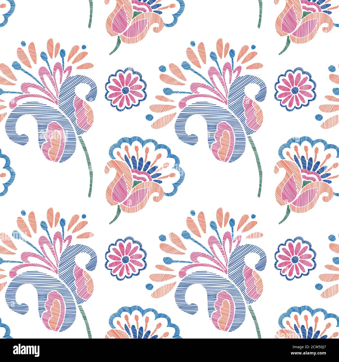 Motif floral sans couture avec fleurs sauvages et feuilles. Dessin aux lignes. Fleurs brodées. Illustration vectorielle. Design textile, papier peint, carte Banque D'Images