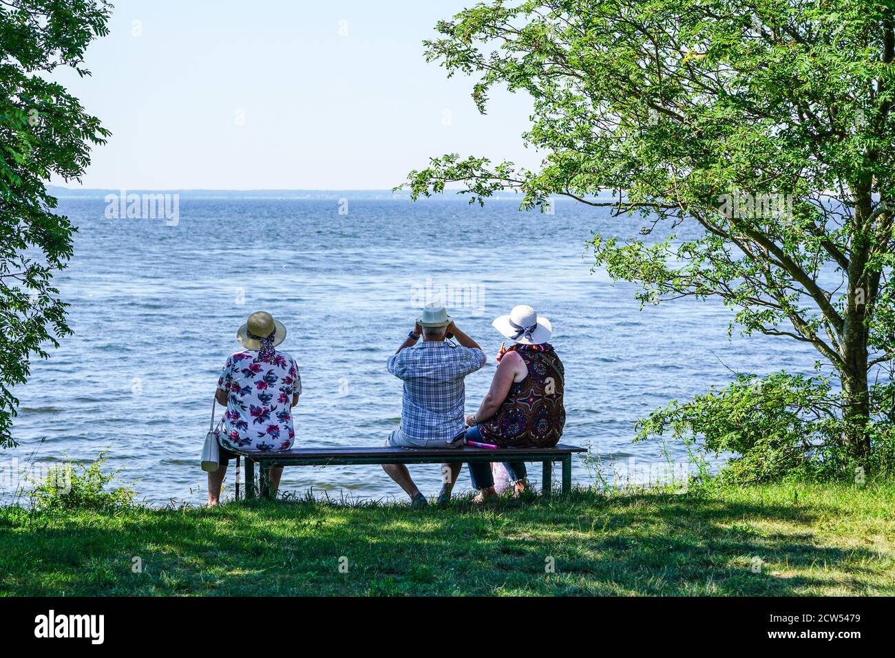 un deux vieux womans et un homme s'assoient sur un banc au bord de la mer et regarder dans la distance Banque D'Images