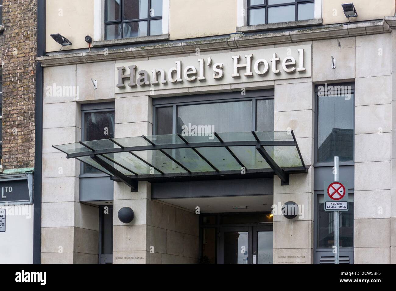 L'hôtel bien nommé Handels à Fishamble Street, Dublin, Irlande. En 1742, Handel donna la première exécution publique de son Messie sur cette rue. Banque D'Images
