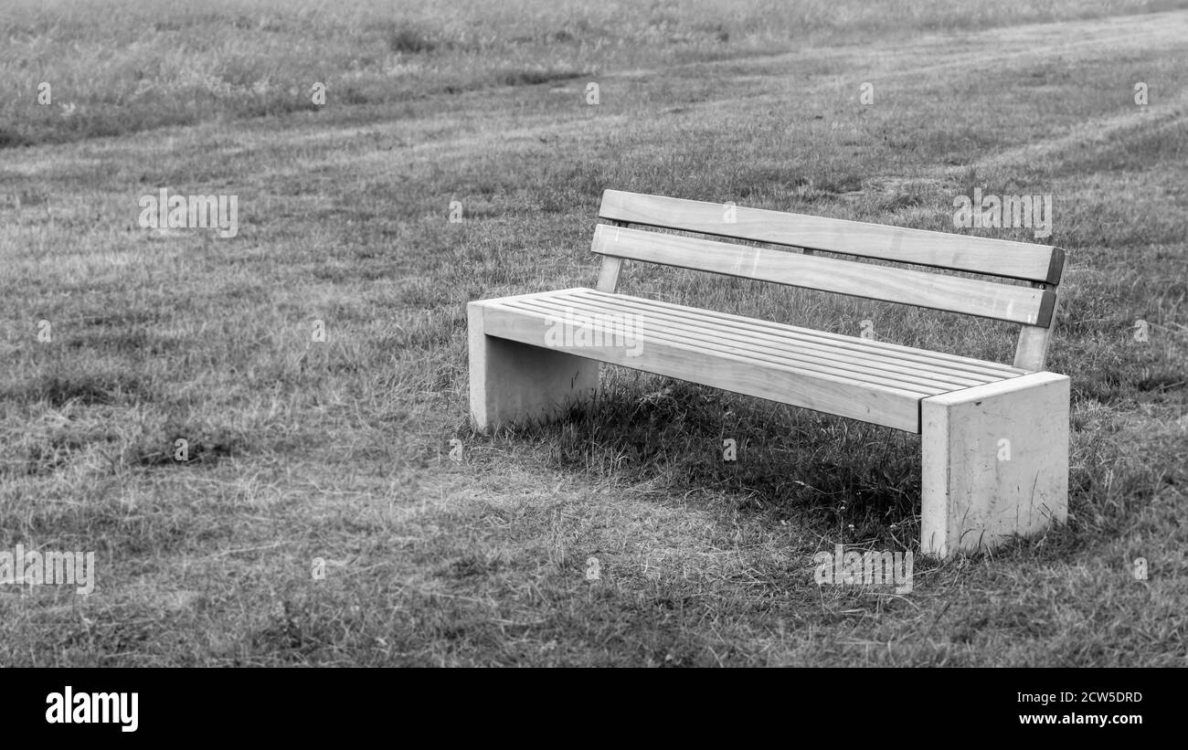 Le banc gris est seul dans un pré Banque D'Images